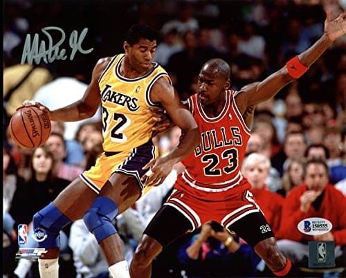 Lakers Magic Johnson Signed 8X10 Photo w/Michael Jordan BAS Witnessed 3