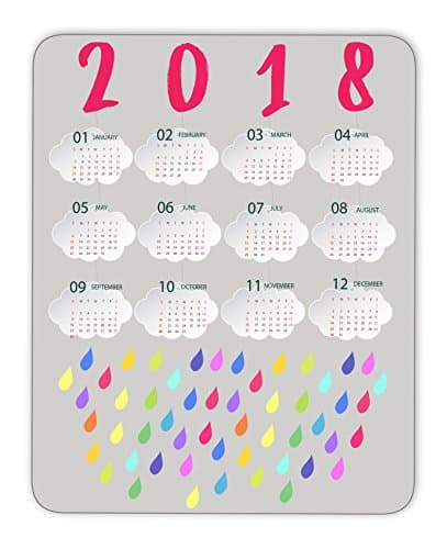 2018 calendar and cute clouds and colored rain mouse pad, Natural Rubber Mouse Pad, Quality Creative Wrist-protected Wristbands Personalized Desk, Mouse Pad (9.5 inch x 7.9 inch)