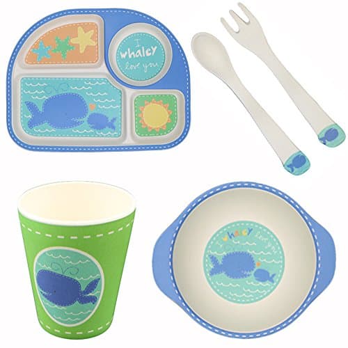 Bamboo Plates More Eco-Friendly, Cartoon Dinner Plate Sets Easily Wash Clean, 5 Pieces Kids Meal Sets For 1-6 Years Old Children's Tableware Gift-Set（Whale)