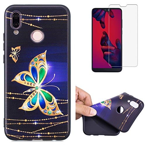 For Huawei P20 Lite Case and Screen Protector,OYIME Luxury [Golden Butterfly] Relief Pattern Design Black Silicone Rubber Thin Bumper Drop Protection Anti-Scratch Protective Back Cover