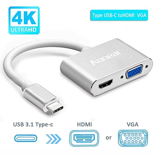 USB C to HDMI VGA Adapter,Aonear 2 in 1 USB 3.1 Type C to VGA HDMI 4K UHD Converter Adapter (Thunderbolt 3 Compatible) Dual screen display with Aluminium Case for 2017/2016 MacBook/ChromeBook
