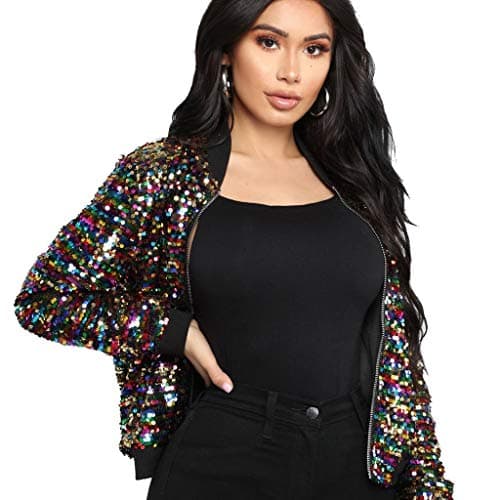Women Sequin Jacket Long Sleeve Sparkly Zipper Front Blazer Bomber Jacket Casual Blouse Coat