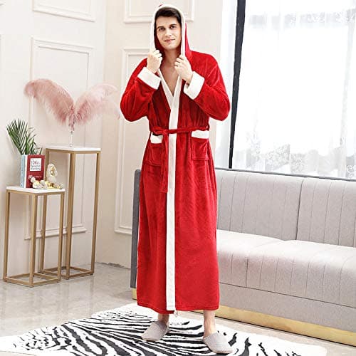 VMFIUNG Winter Bathrobe, Men Hooded Red Winter Plus Size Long Flannel Bathrobe Kimono Warm Bath Robe Night Fur Robes Dressing Gown Sleepwear