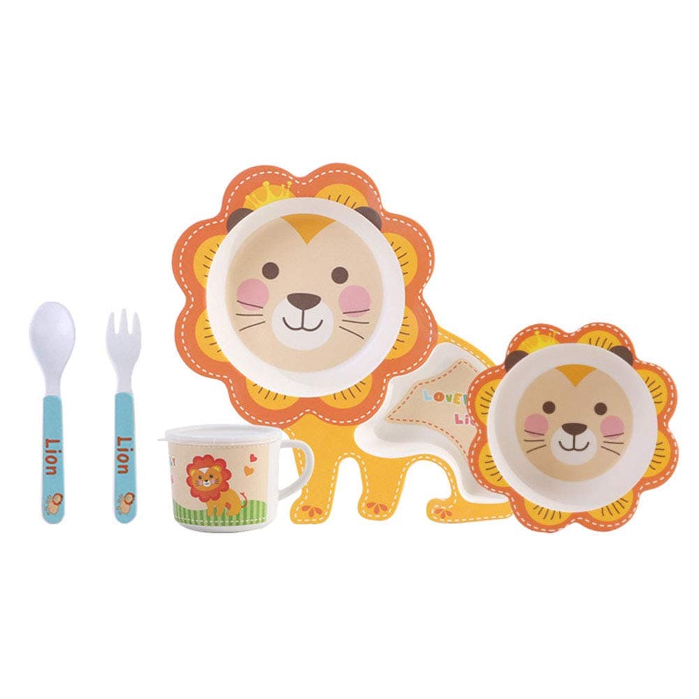 Cartoon Animal Bamboo Fiber Division Dinner Plate Tableware Sets Unbreakable 5pcs Set Plates Bowl Dishes Set Cup Spoon Fork Dinnerware for Toddler Baby Kids (Lion)