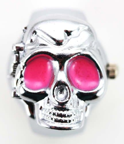 Elastic Ring Watch - Silver Tone Skull Watch w/ Pink Eyes