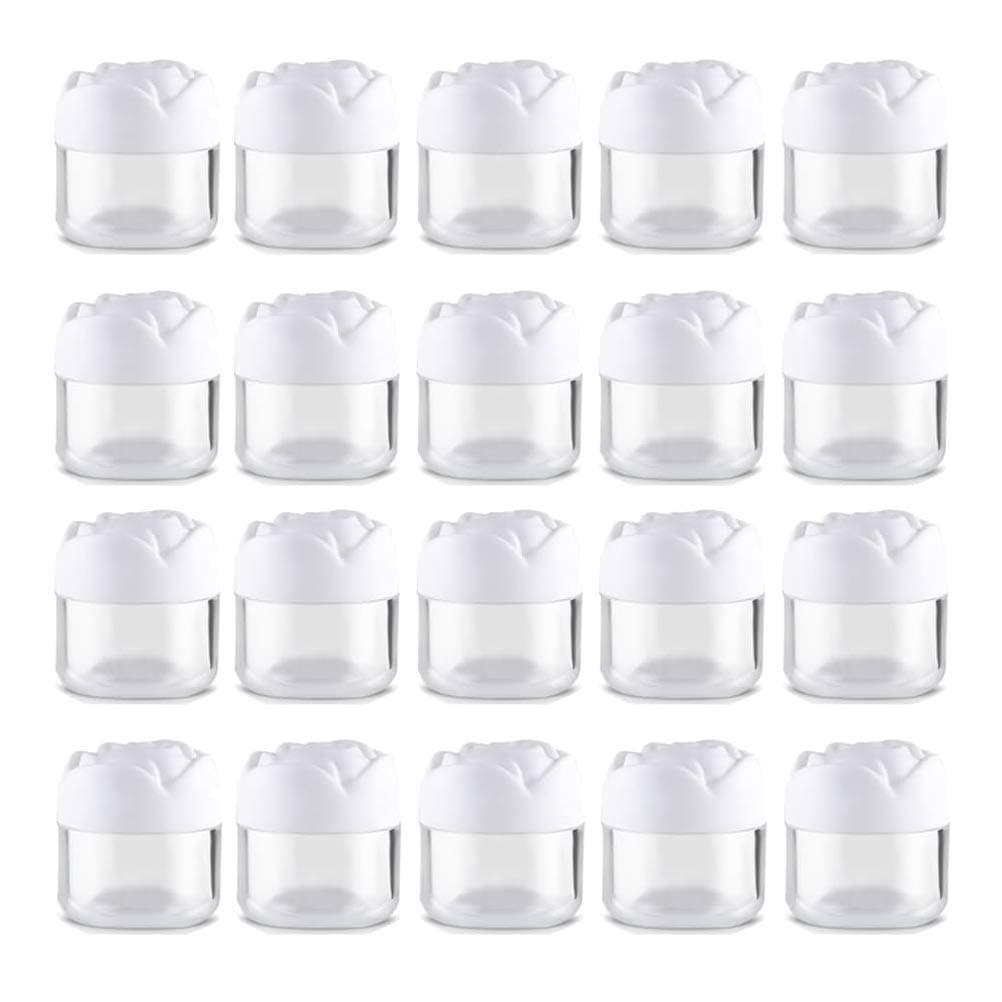 (Pack of 100) 20g Empty Refillable Plastic Clear Cream Containers - Moisturizer Salves Eye Cream Gel Eyeliner-with White Flower Shape Screw Lids