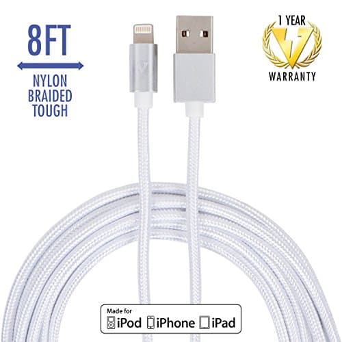 vCharged 8 FT Long iPhone Charger Nylon Braided USB Lightning Cable for iPhone X, 8 / 8 Plus, iPad & More