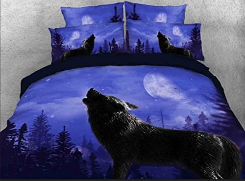Lebather The Howling Wolf in the Moonlight Printed Cotton Blue 4 Peice Duvet Cover Set 3D Bedding 2 Pillowcase 1 Flat Sheet 1 Duvet Cover (King, Wolf)