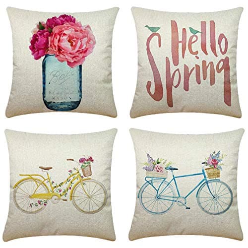 Gysan Home Decor Spring Theme Flower Bicycle Throw Pillow Case Cotton Linen Cushion Covers(Hello Spring Set of 4, 18" x 18")