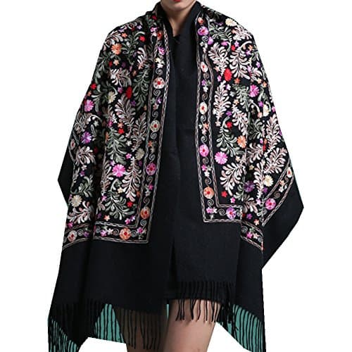 TLIH Women's Exotic Design Wool Blend Delicate Embroidered Soft Scarf Wrap Shawl Black