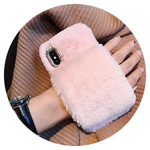 Rabbit Fur Case for iPhone X 7 8 6S 6 Plus Fluffy Phone Cases for iPhone Xr Xs Max Handheld Warm Plush Back Cover Funda,Pink,for iPhone Xs