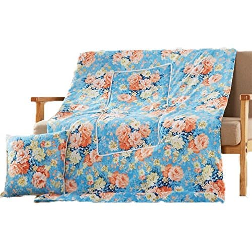 2-In-1 Throws Pillow 18" And Blanket(Twin Size 59"x79") Combo Set! Super Warm (Floral Printed-Blue)