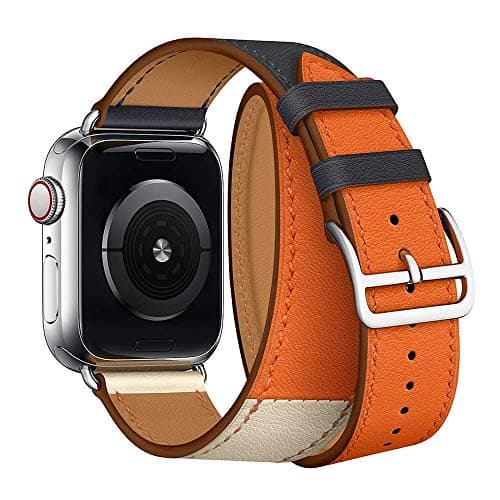 Triple Color Single Tour Leather Replacement Band Compatible with 44mm Apple Watch Series 4 and 42mm Apple Watch Series 3, 2, 1 - Indigo blue & Beige & Orange