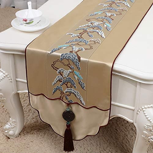 Table Runners Chinese Style Cotton Linen Table Flag Tablecloth Cover Towel, Simple Modern Zen Brown Embroidery Tassel Dining Table Long Strip Decorative Fabric For Restaurants Coffee Table Tv Cabinet