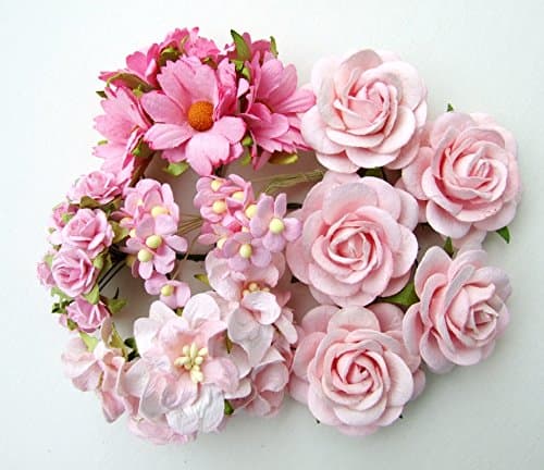 ICRAFY Assorted 30 pcs. Assorted Style Rose Daisy Gardenia Blossom Mulberry Paper Flower Artificial Craft Scrapbook Wedding Supply Accessory DIY, Pink Tone Color, Size 1.5 cm. - 4 cm.