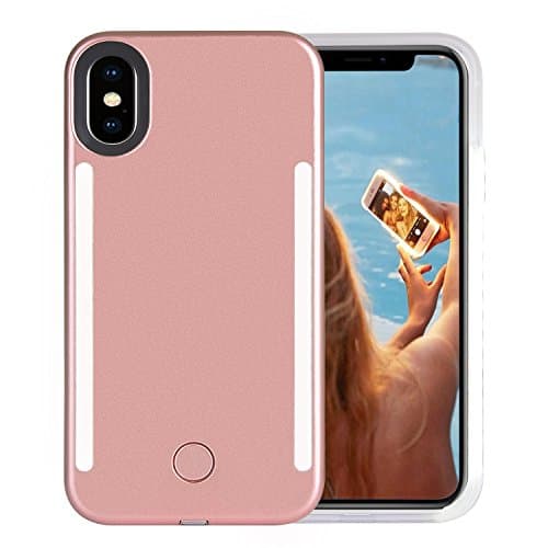 Wellerly iPhone XS Case, iPhone X Case, LED Illuminated Selfie Light Cell Phone Case Cover [Rechargeable] Dual Light Up Luminous Selfie Flashlight Case for iPhone X/XS 5.8inch (Rose Gold)