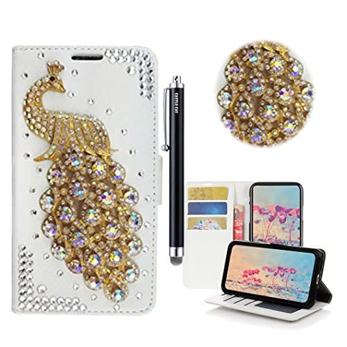 LG V20 Bling Wallet Case - Castle Cas 3D Handmade Sparkle Crystal Peacock PU Leather Anti-Scratch Card Slots Bumper Design Cover Case - Bling