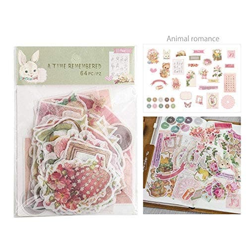 VANGOAL 64 PCS Ephemera Pack, Multiple Themes Retro Style Self Adhensive DIY Note Stickers for Notebooks, Greeting Card, Photo Frame, Cup, Phone Case, Scrap Book (Animal Romance)