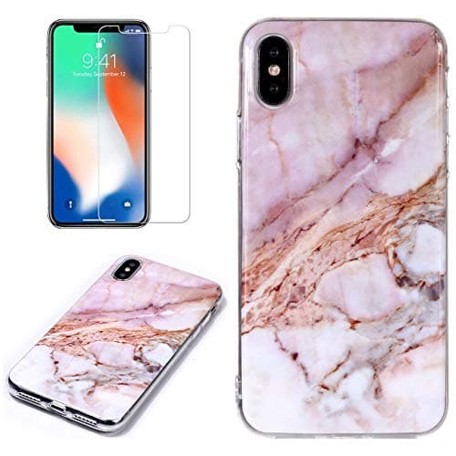 QFUN for iphone X/iphone XS Marble Case with Screen Protector,Unique Pattern Design Skin Ultra Thin Slim Fit Soft Gel Silicone Case, Shockproof Anti-Scratch Protective Back Cover - Pink