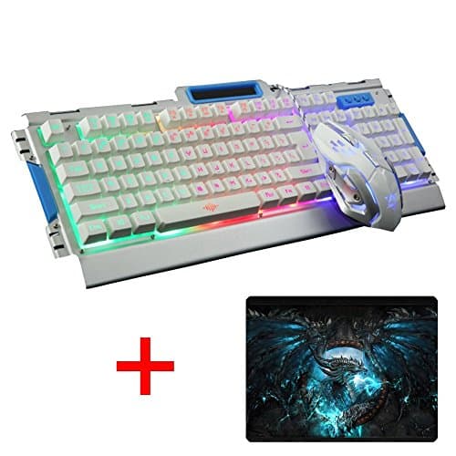 UrChoiceLtd® Keyboard Mouse Combos,Wired RGB LED Backlit Multimedia Ergonomic Usb Gaming Keyboard Metal Waterproof + 3200DPI 6 Button Backlit Optical Gaming Mouse + Mouse Pad For Laptop PC (Silver)