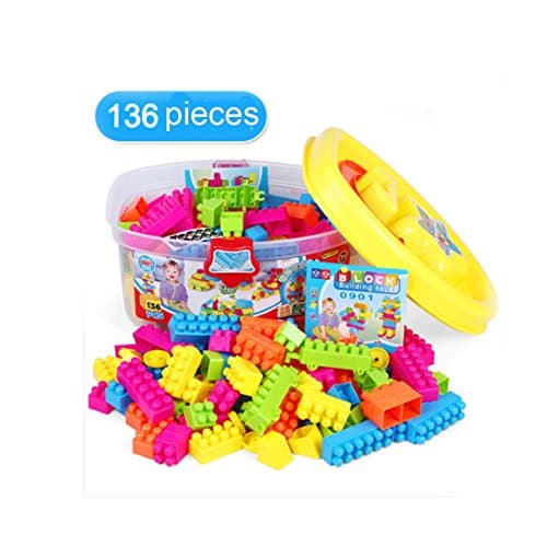 Ponny 136 Pieces Building Bricks Set Colorful Bulk Blocks 5 Sizes &amp; Wheels Creative Learning Toys ,and Storage Box with Handle
