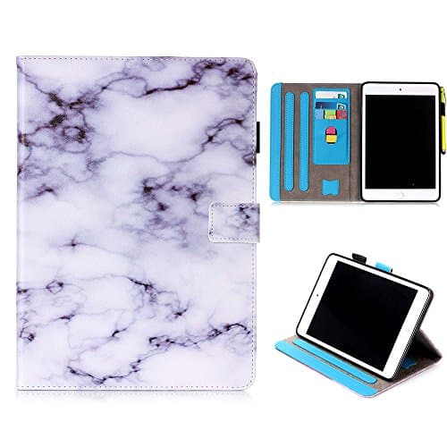 iPad Mini Case Smart Leather Case - UNOTECH Card Slot Protective Case with Pen Holder Wake/Sleep Function for iPad Mini 1 2 3 4 (7.9 Inch),White marble