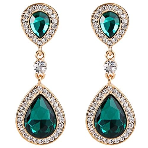 JoinMe Women's Delicate Wedding Bridal Crystal Double Teardrop Beaded Dangle Earrings Gold-Tone Green