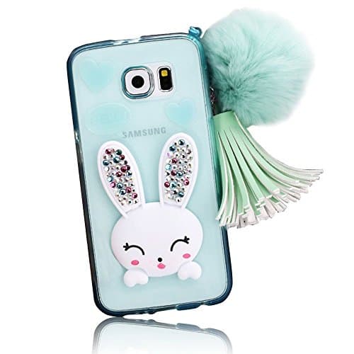GreenDimension Samsung Galaxy S7 Clear Soft Case Slim Crystal TPU 3D Cute Cartoon Rabbit (Bunny) [Bling Diamond Ear] Kickstand Silicone Protective Cover + Hairball Pompon Hand Strap Wristlet Blue