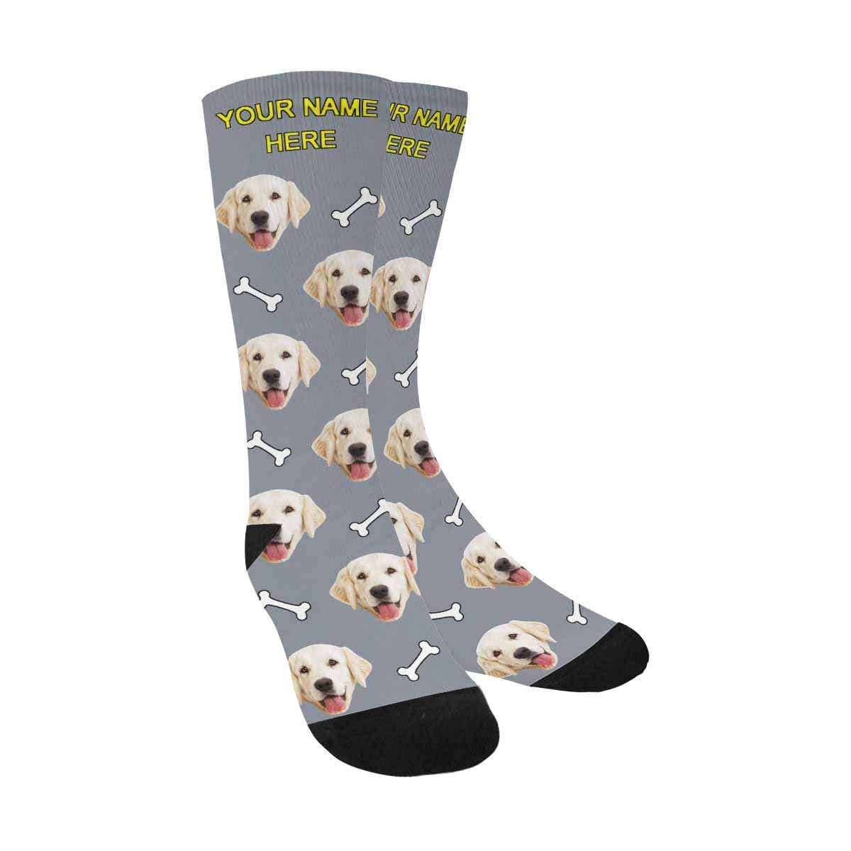 Custom Personalized Photo Pet Face Socks, Cat and Dog Tracks Paws Bones Crew Socks with Picture for Men Women