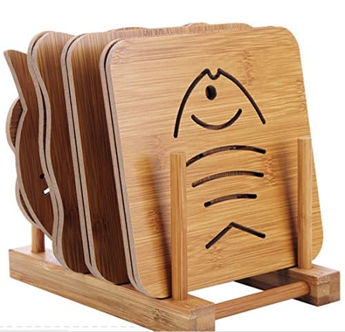 HIGOGOGO Creative Cartoon Pattern Wooden Placemats for Dining Table Stain-resistant Kitchen Placemat Table Mats Modern Design for Kitchen Wooden Set(6" x 6", Set Of 9)