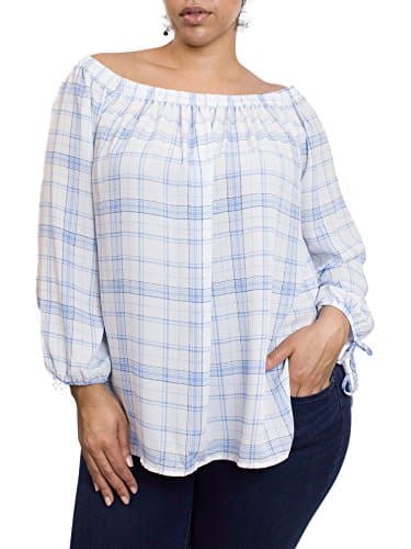 No Comment Womens Plus Size Elastic Neck Off Shoulder Tie Sleeve Shirttail Hem Top, Provence/White Shoreline Plaid, Size 3X
