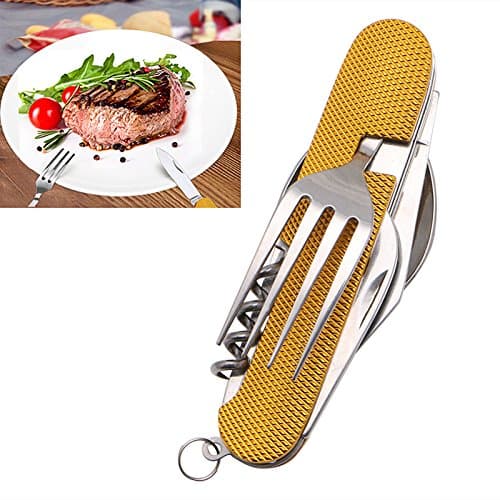 Zadaro 3 in 1 Folding Stainless Steel Spoon Fork Knife Tableware Multi Tool for Camping (Gold)