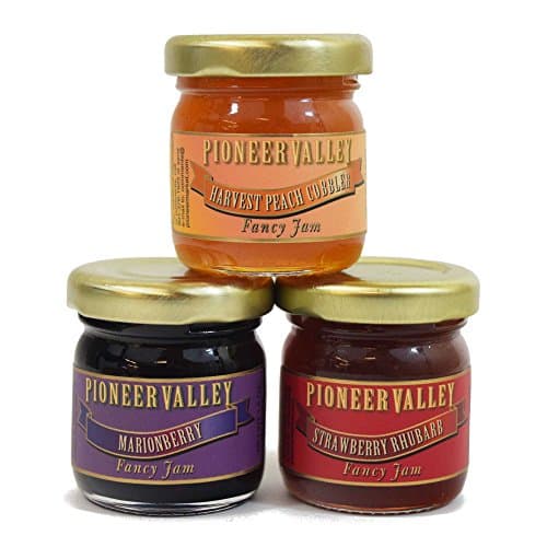 Pioneer Valley Gourmet Mini Jam Sampler Variety 3 Pack 1.5oz Each Marionberry, Harvest Peach Cobbler, Strawberry Rhubarb