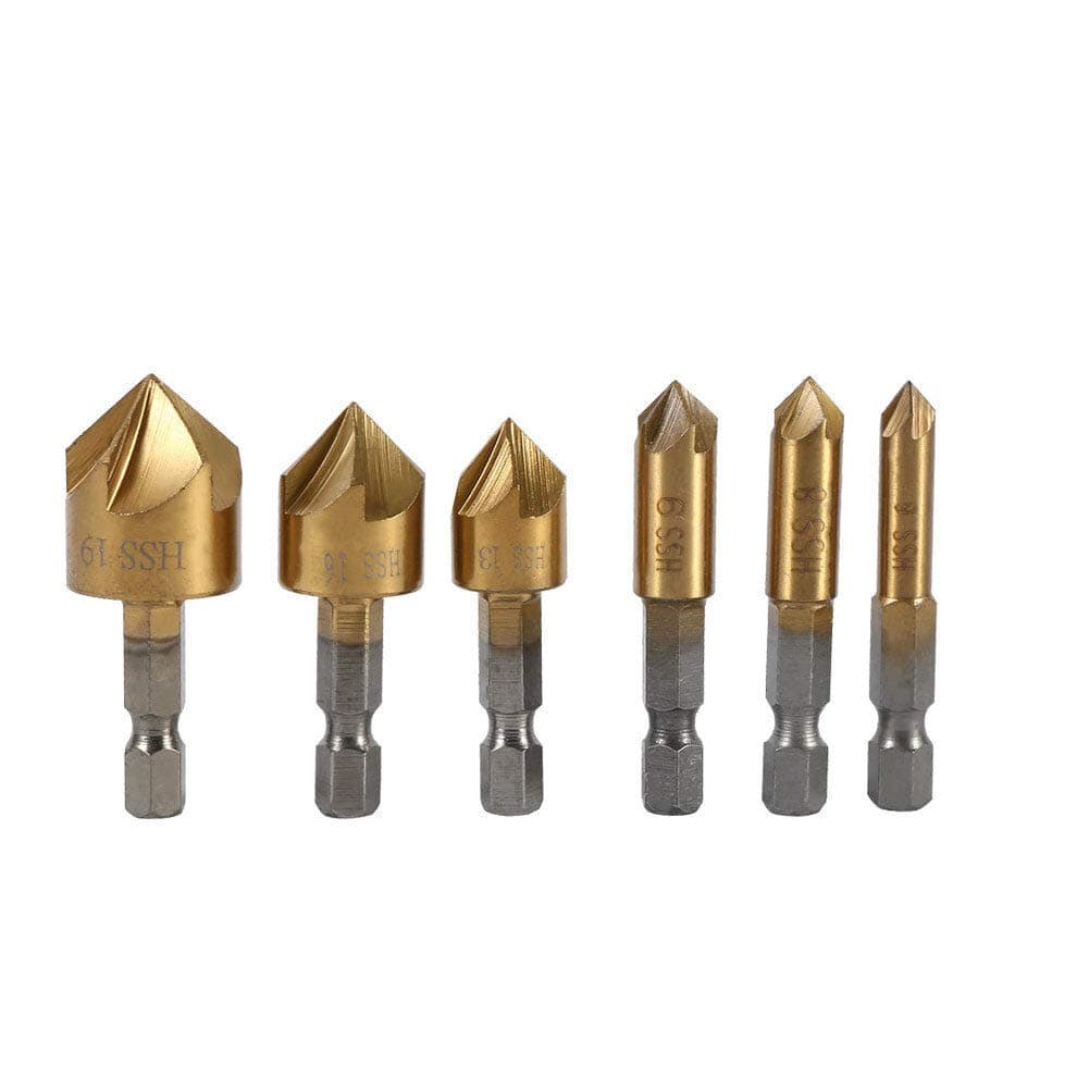 New 6Pcs 1/4 6mm-19mm Hex Shank HSS 5 Flute Countersink Drill Bit Set 90