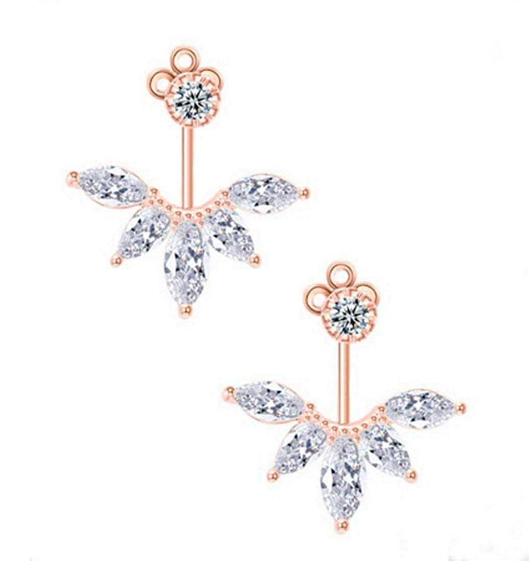 18K White Gold Plated Clear Crystal Leaf Feather Ear Jacket Earrings Back Ear Cuffs Stud Earring