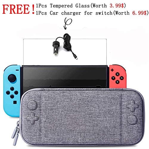 Slim Case and Tempered Glass Screen Protector and Car Charger for Nintendo Switch - Protective Travel Carrying Case with 10 Game Cartridges, Hard Shell Pouch for Nintendo Switch Console