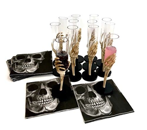 Halloween Party Supply Bundle - Skeleton Hand Glasses - 1 Dozen, Super Stretch Spider Web &amp; Halloween Napkins
