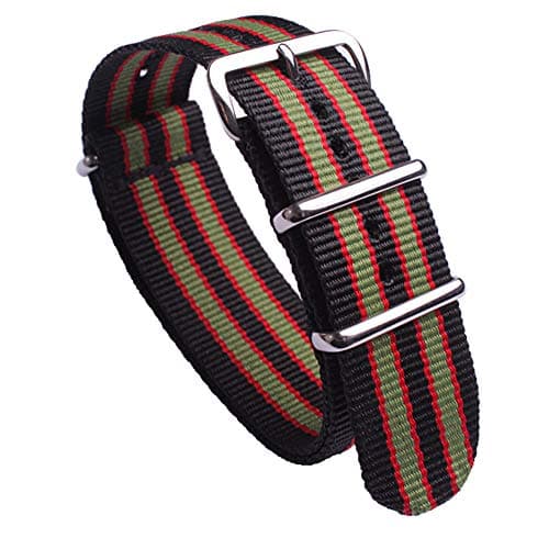 Watch Bands Replacement NATO Nylon Watch Straps with Round String Stainless Steel Buckle Black Green and Red Wristband Width 18mm 20mm 22mm 24mm