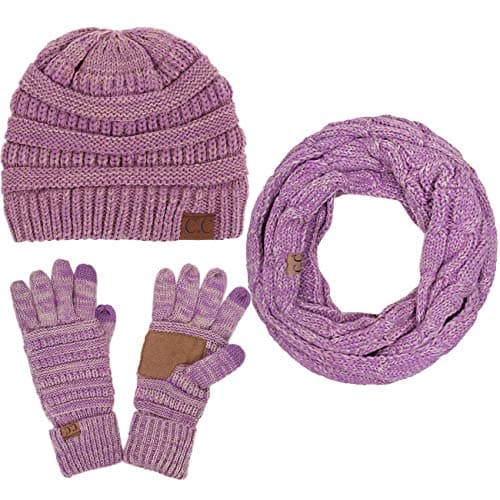 ScarvesMe CC 3pc Two Tone Trendy Warm Chunky Soft Stretch Cable Knit Beanie, Scarves and Gloves Set