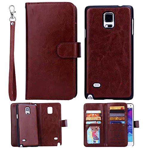 For Samsung Galaxy Note 4, ATQ® Premium PU leather Flip Detachable Wallet Case with Credit Card Slot Holder and Hand Grip for Samsung Galaxy Note 4 (Brown) with Stylus