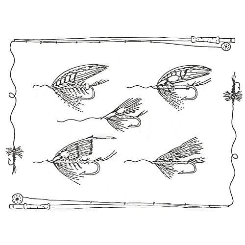 Rubber Stamp: Salmon Fly Collection with Rods Border