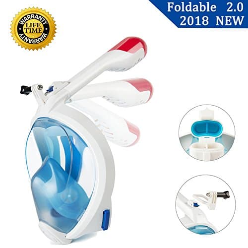 Full Face Snorkel Mask 2.0 Foldable Full Face Snorkeling Diving Scuba Mask with Detachable GoPro Mount, 180°Panoramic Easy Breath Anti-fog for Adults Youth (Small, Blue &amp; White)