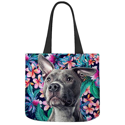 American Pit Bull Terrier Dog Flower Pattern Printed - Personalized Design Reusable EcoFriendly Canvas Tote Bags (12.2"x11"x3.3",Hand Drop 9.8")