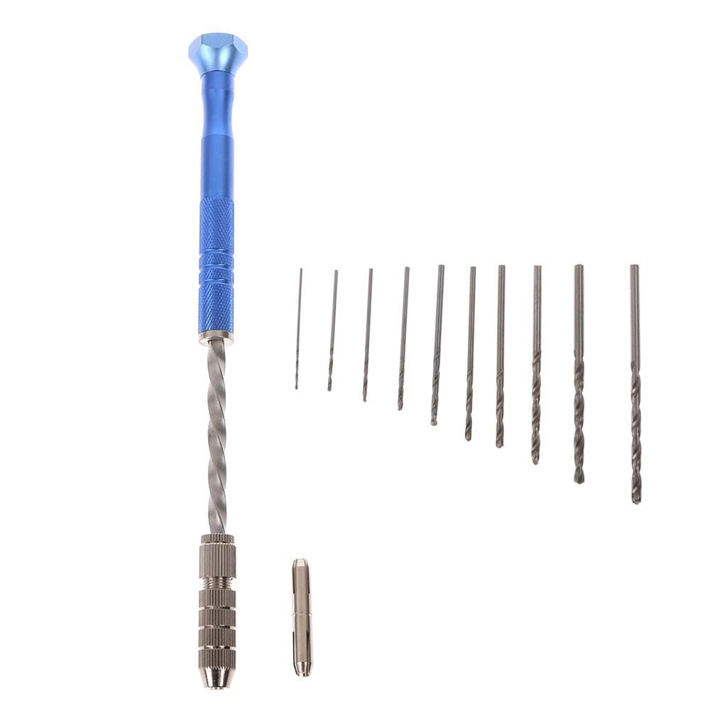 YUNAWU Semi Automatic Spiral Blue Mini Micro Hand Drill Chuck + 10 Pcs Twist Drill Bits Tool 0.8-3mm