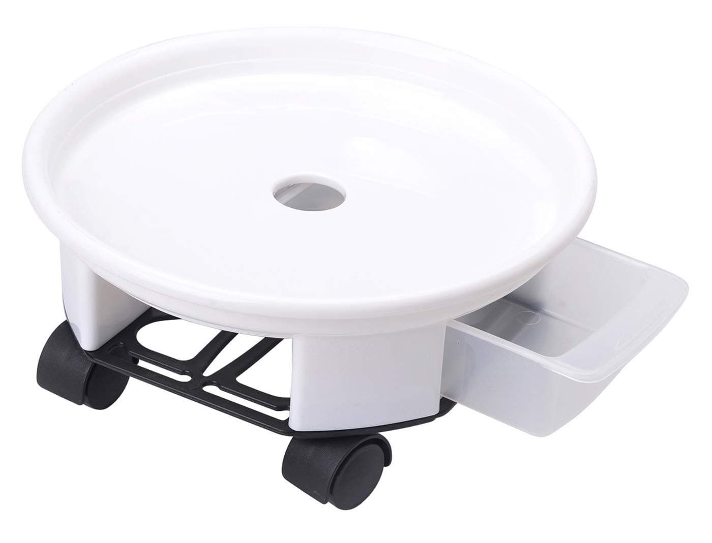 Amkoskr 1Pcs 38cm White Plant Caddy Round Movable Planter with Easy Moving Caster Wheels and a Water Container Dolly Trolley Tray Pallet Outdoor Indoor Tree Flower Stand Planter