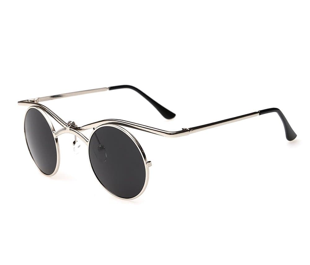 QMOT Gothic Steampunk Vintage Vampire Mirror Round Frame Sunglasses (Silver Frame Black Film)