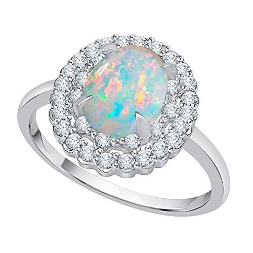 Diamond and Oval Cut Opal Double Halo Ring in 10K White Gold (3/4 cttw) (JK-Color, SI2/I1-Clarity) (Size-4)