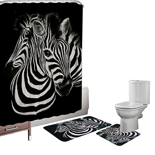 Amagical 15 Piece Black and White Zebra Pattern Bathroom Rubber Backing Rug Contour Mat Bath Mats Set with Fabric Matching Shower Curtain & Hooks