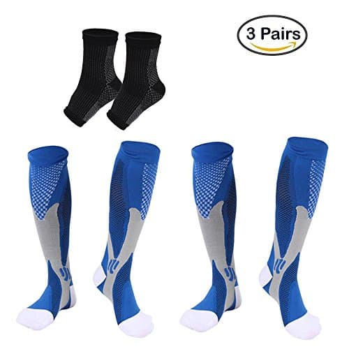 3 Pairs Graduated Compression Socks 20-30Mmhg Athletic Support Socks for Sports, Pregnancy, Flight Boost Stamina Long Socks (XXL(W14.5-16.5 M13-16), Blue)