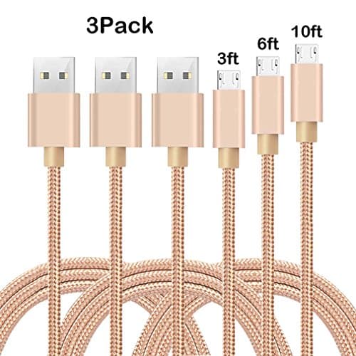 Micro USB Cable 3Pack 3FT 6FT 10FT Nylon Braided Android Charging Line Micro USB Cable for Android, Samsung, HTC, Motorola, Nokia and More(Gold)